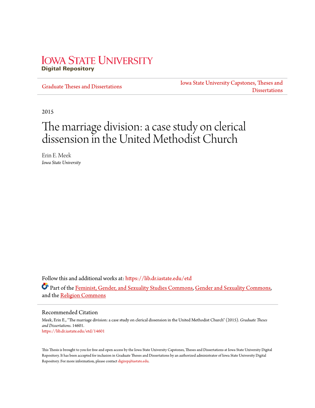 A Case Study on Clerical Dissension in the United Methodist Church Erin E