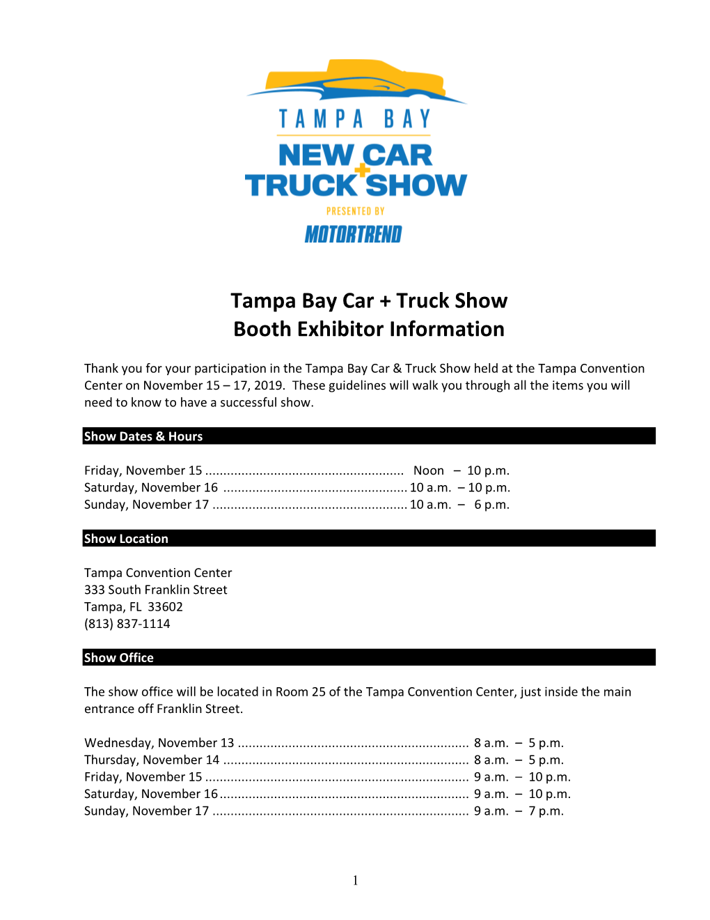 Tampa Bay Car + Truck Show Booth Exhibitor Information