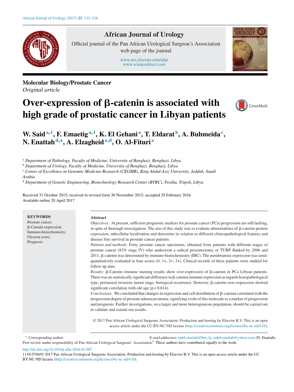 Over-Expression of Β-Catenin Is Associated with High Grade Of