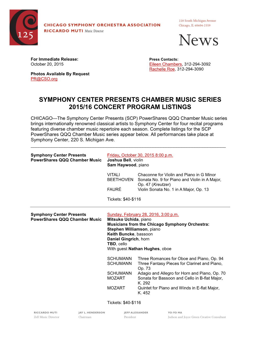 Symphony Center Presents Chamber Music Series 2015/16 Concert Program Listings