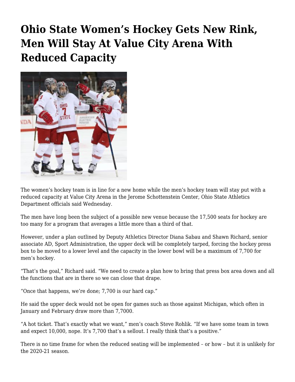 S Hockey Gets New Rink, Men Will Stay at Value City Arena with Reduced Capacity