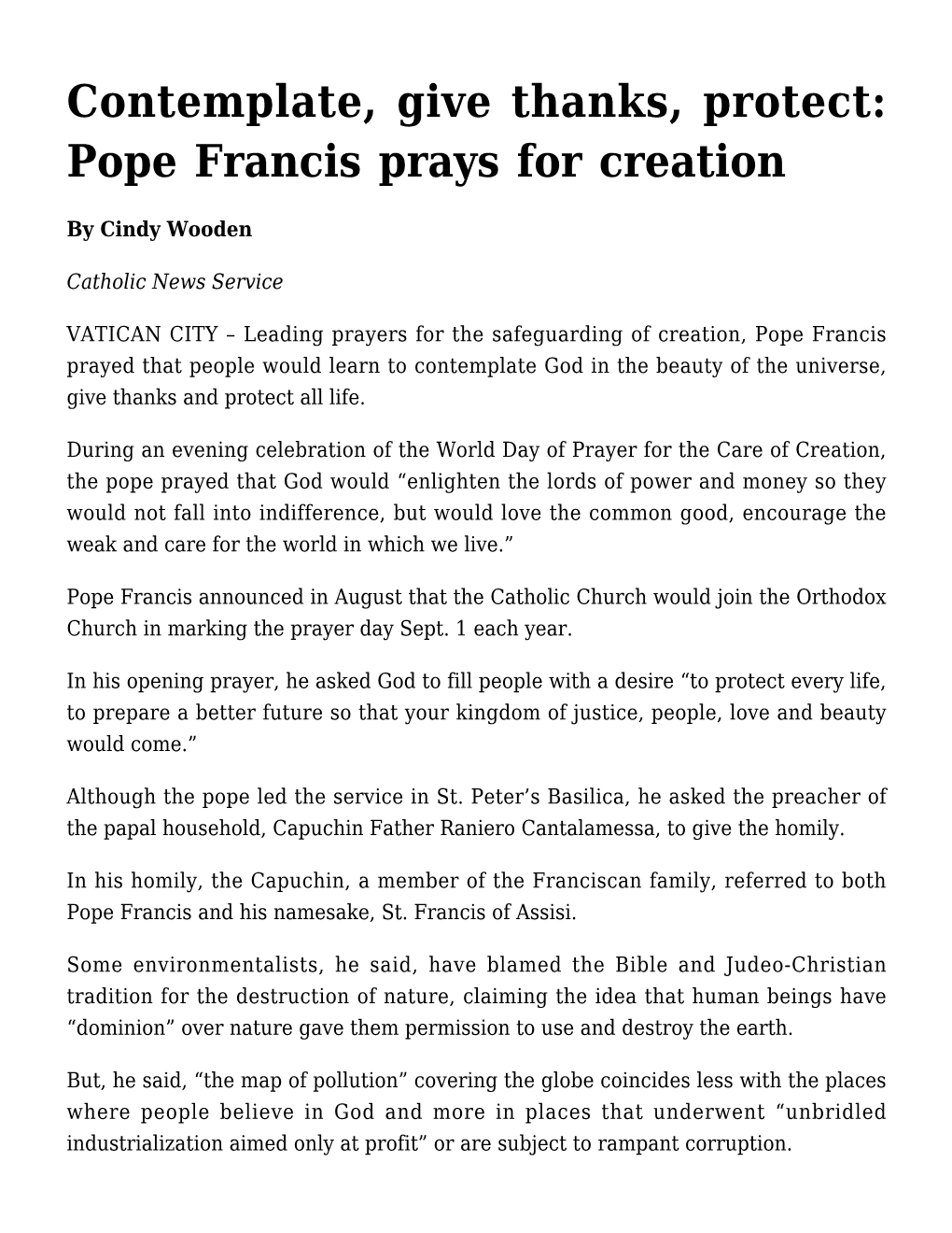 Contemplate, Give Thanks, Protect: Pope Francis Prays for Creation