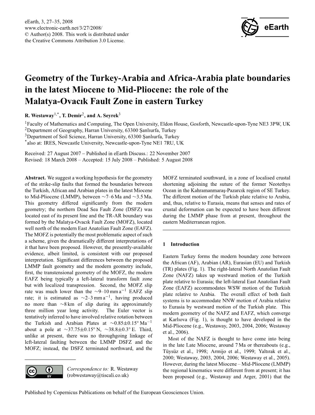 Geometry of the Turkey-Arabia and Africa-Arabia Plate Boundaries in the Latest Miocene to Mid-Pliocene: the Role of the Malatya-Ovacık Fault Zone in Eastern Turkey