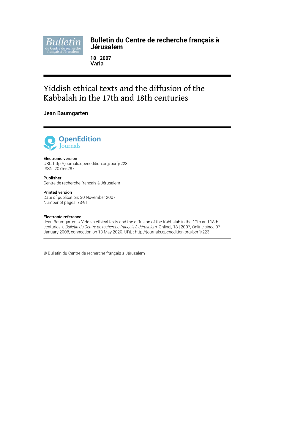 Yiddish Ethical Texts and the Diffusion of the Kabbalah in the 17Th and 18Th Centuries