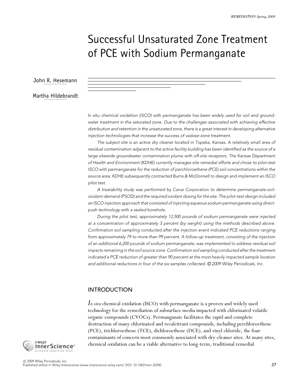 Successful Unsaturated Zone Treatment of PCE with Sodium Permanganate