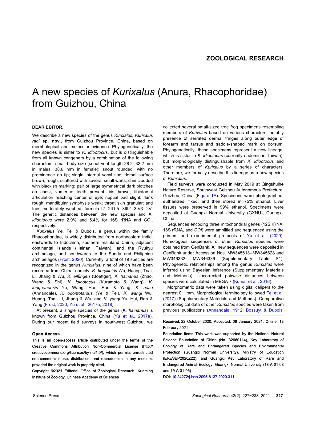 A New Species of Kurixalus (Anura, Rhacophoridae) from Guizhou, China