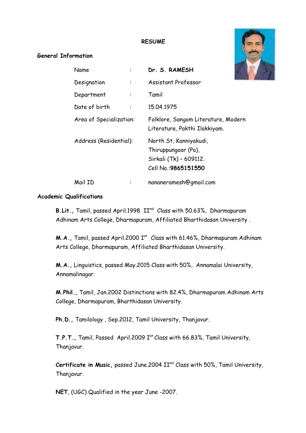 Dr. S. RAMESH Designation : Assistant Professor Department