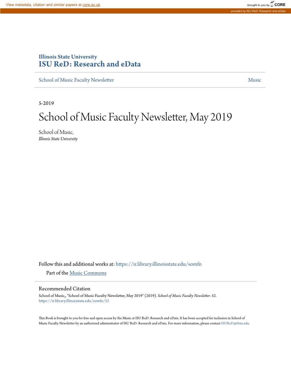 School of Music Faculty Newsletter, May 2019 School of Music, Illinois State University
