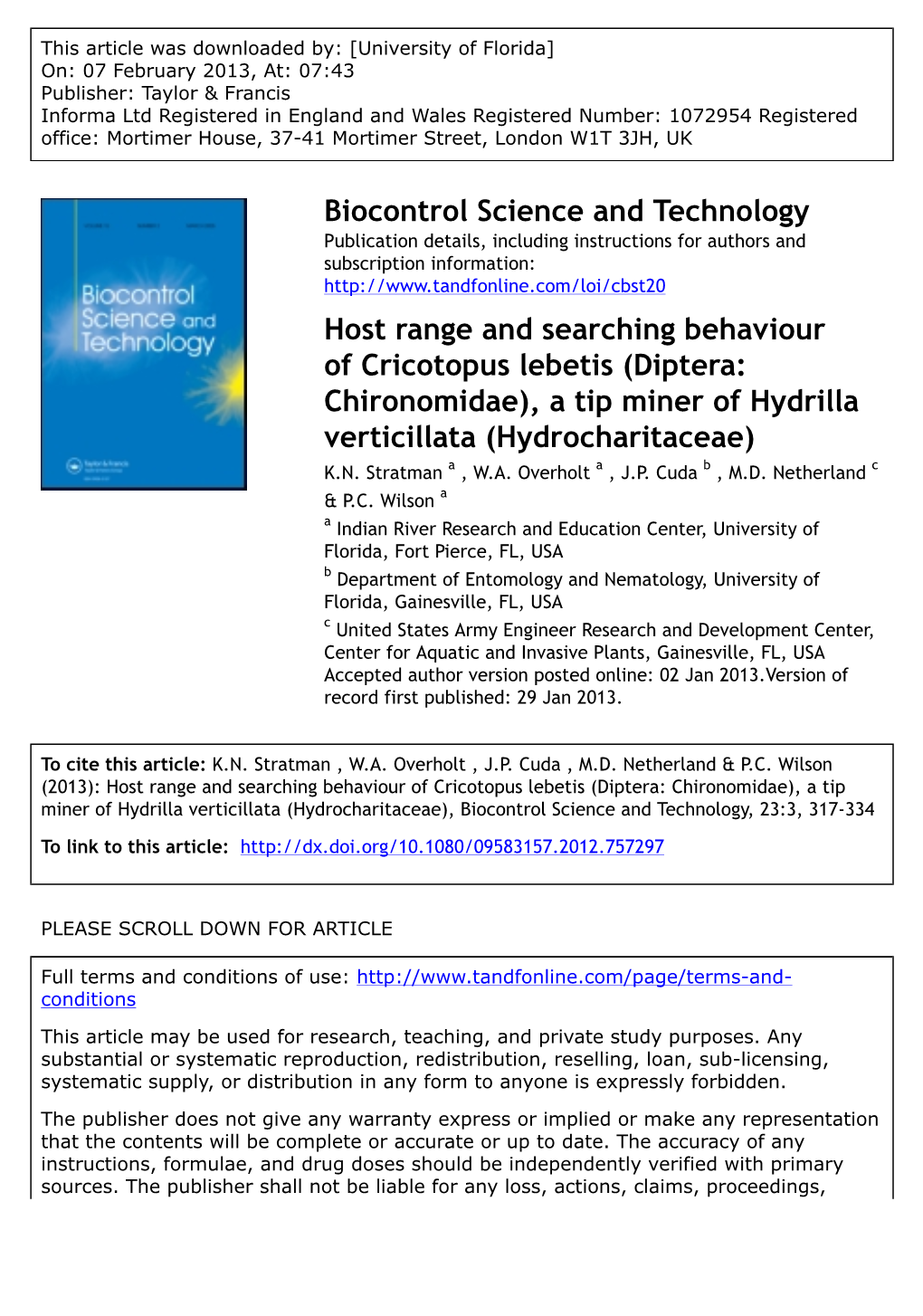 Host Range and Searching Behaviour of Cricotopus Lebetis (Diptera: Chironomidae), a Tip Miner of Hydrilla Verticillata (Hydrocharitaceae) K.N