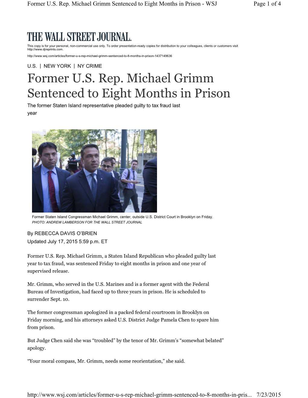Former U.S. Rep. Michael Grimm Sentenced to Eight Months in Prison - WSJ Page 1 of 4