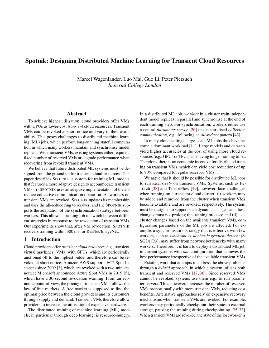 Spotnik: Designing Distributed Machine Learning for Transient Cloud Resources