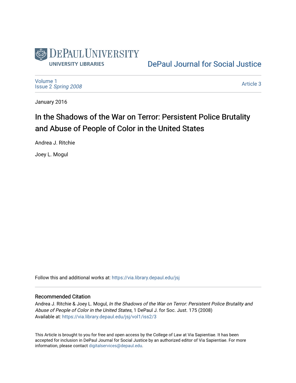 In the Shadows of the War on Terror: Persistent Police Brutality and Abuse of People of Color in the United States