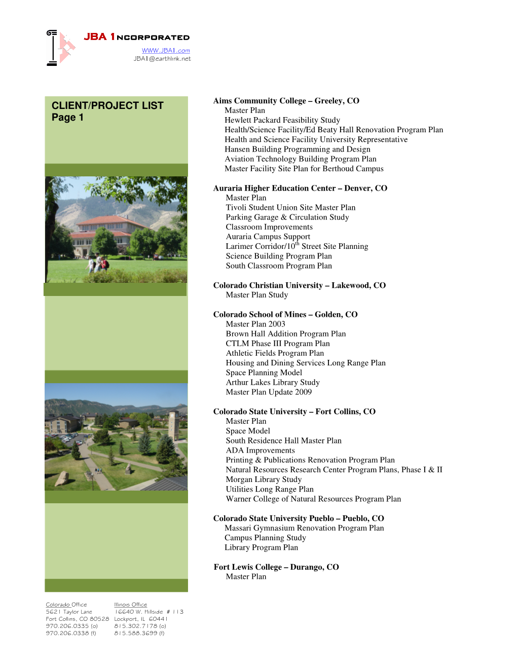 JBA 1NCORPORATED CLIENT/PROJECT LIST Page 1