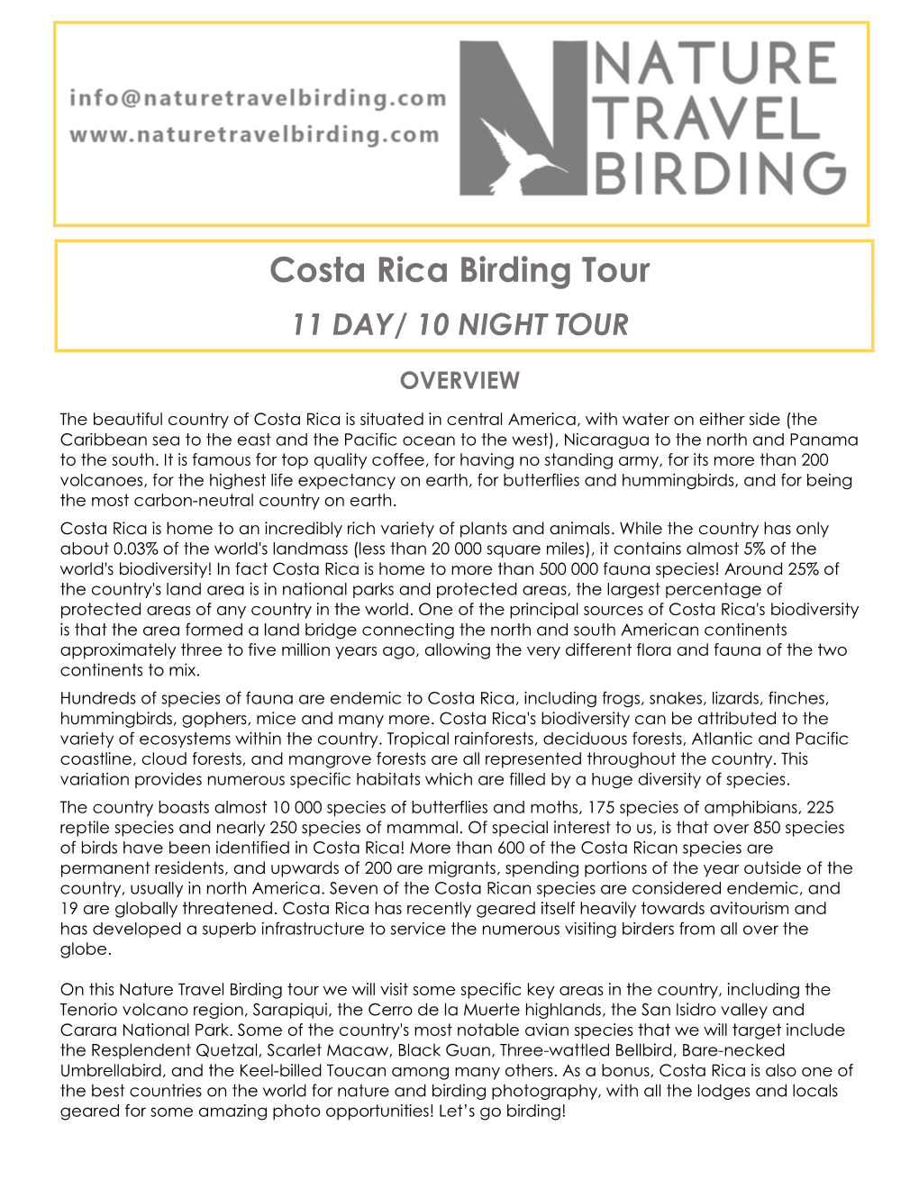 Costa Rica Birding Tour 11 DAY/ 10 NIGHT TOUR