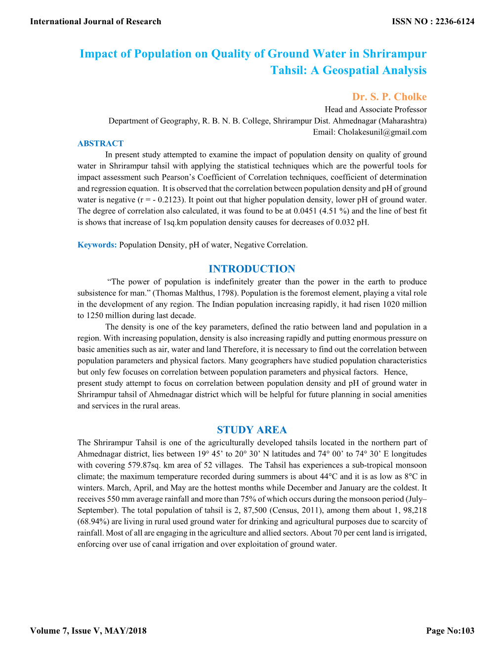 Impact of Population on Quality of Ground Water in Shrirampur Tahsil: a Geospatial Analysis