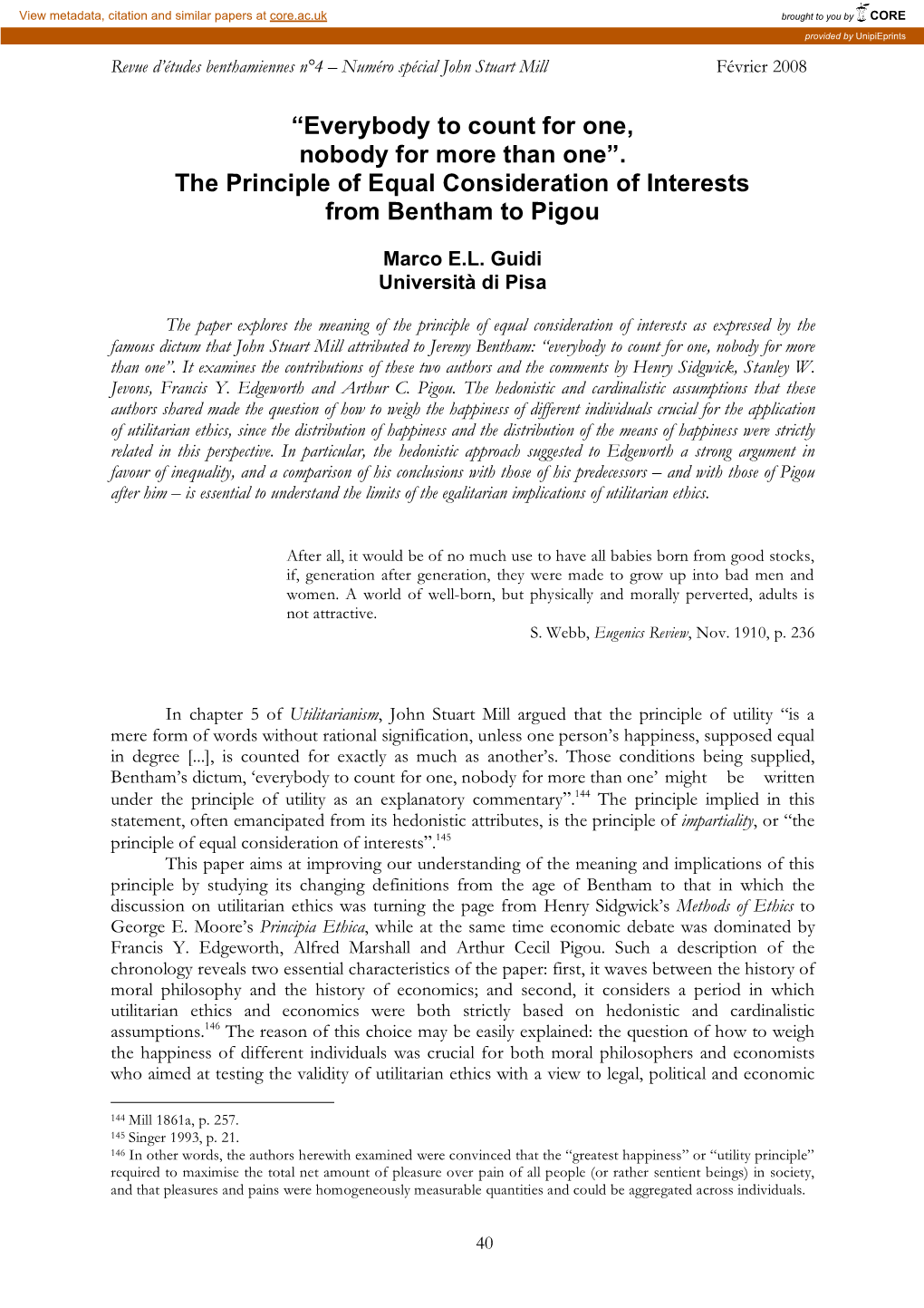 The Principle of Equal Consideration of Interests from Bentham to Pigou
