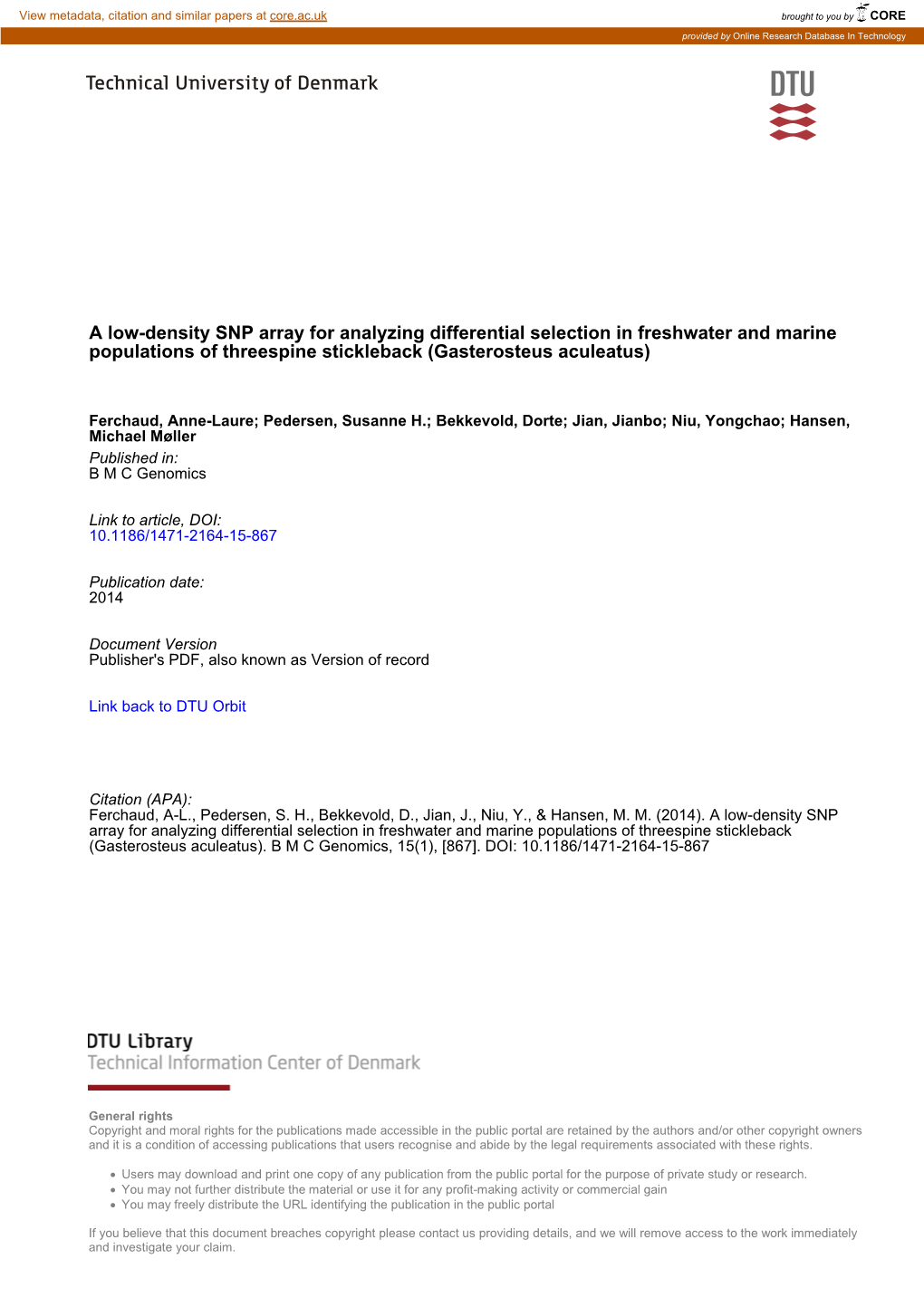 A Low-Density SNP Array for Analyzing Differential Selection in Freshwater and Marine Populations of Threespine Stickleback (Gasterosteus Aculeatus)