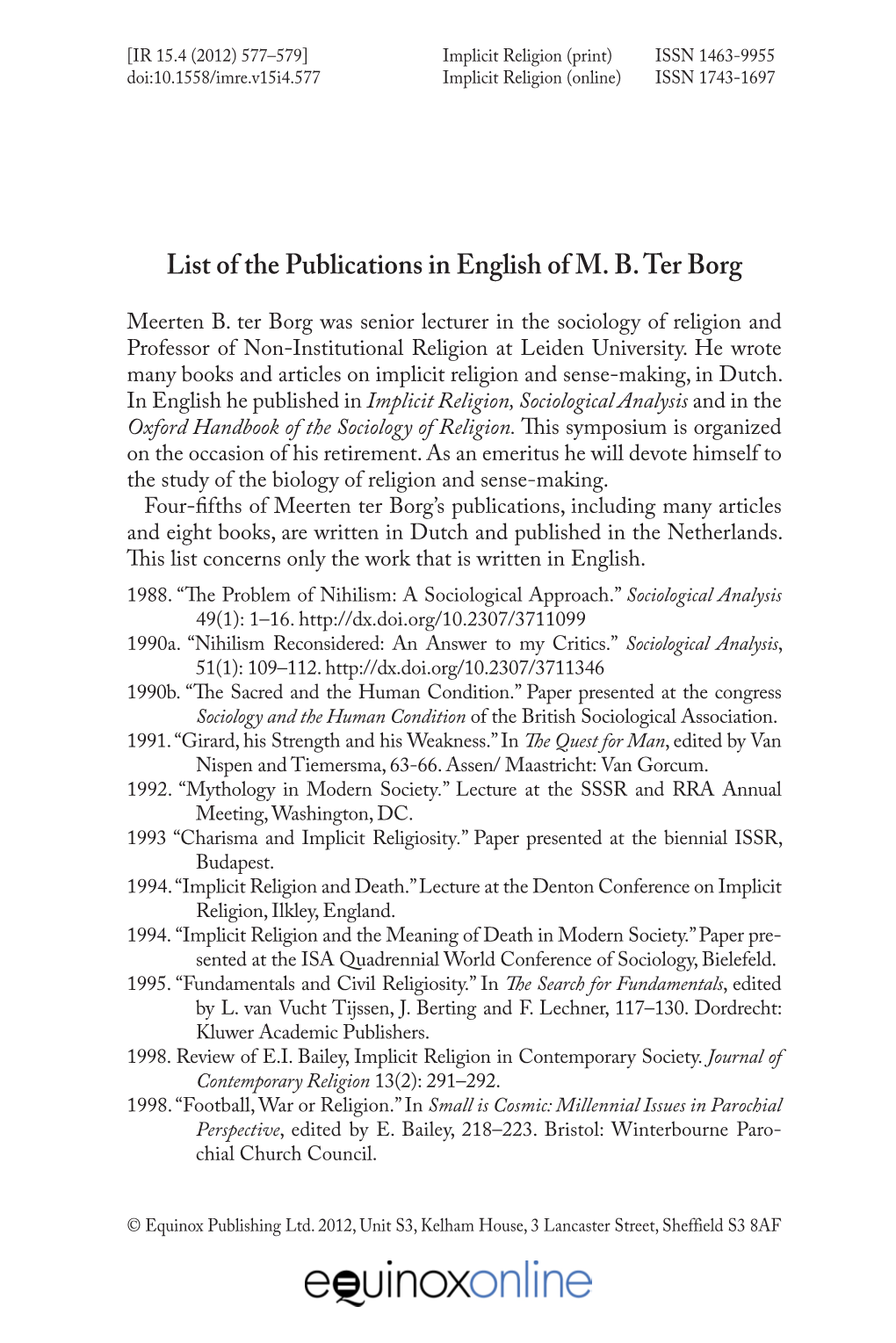 List of the Publications in English of M. B. Ter Borg