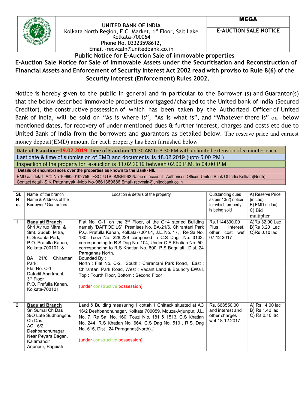 Public Notice for E-Auction Sale of Immovable Properties