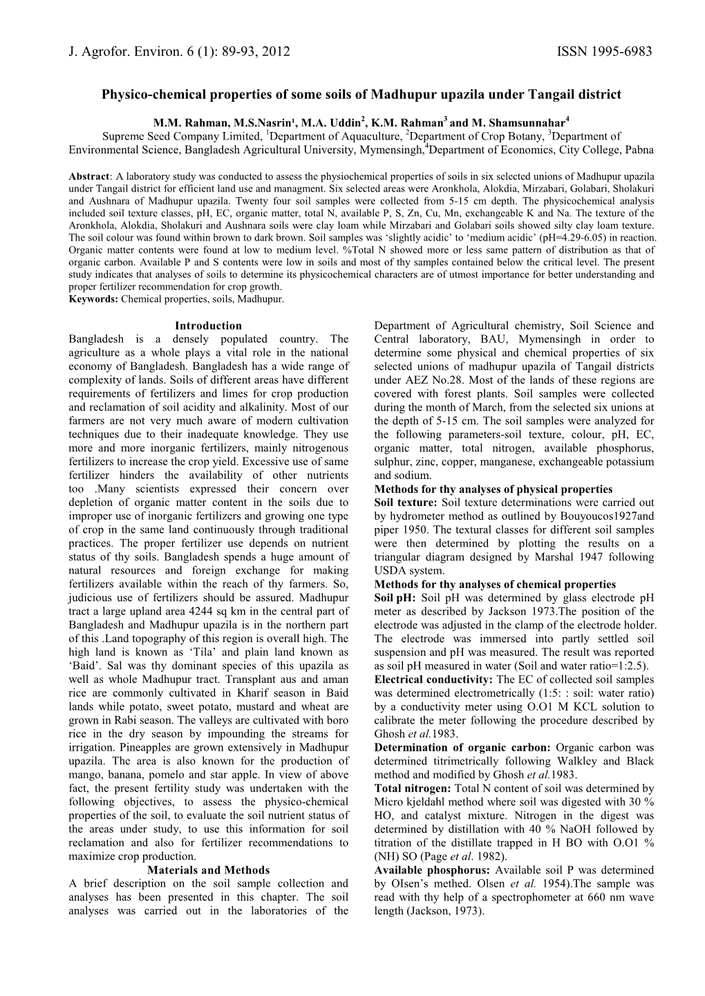 Physico-Chemical Properties of Some Soils of Madhupur Upazila Under Tangail District