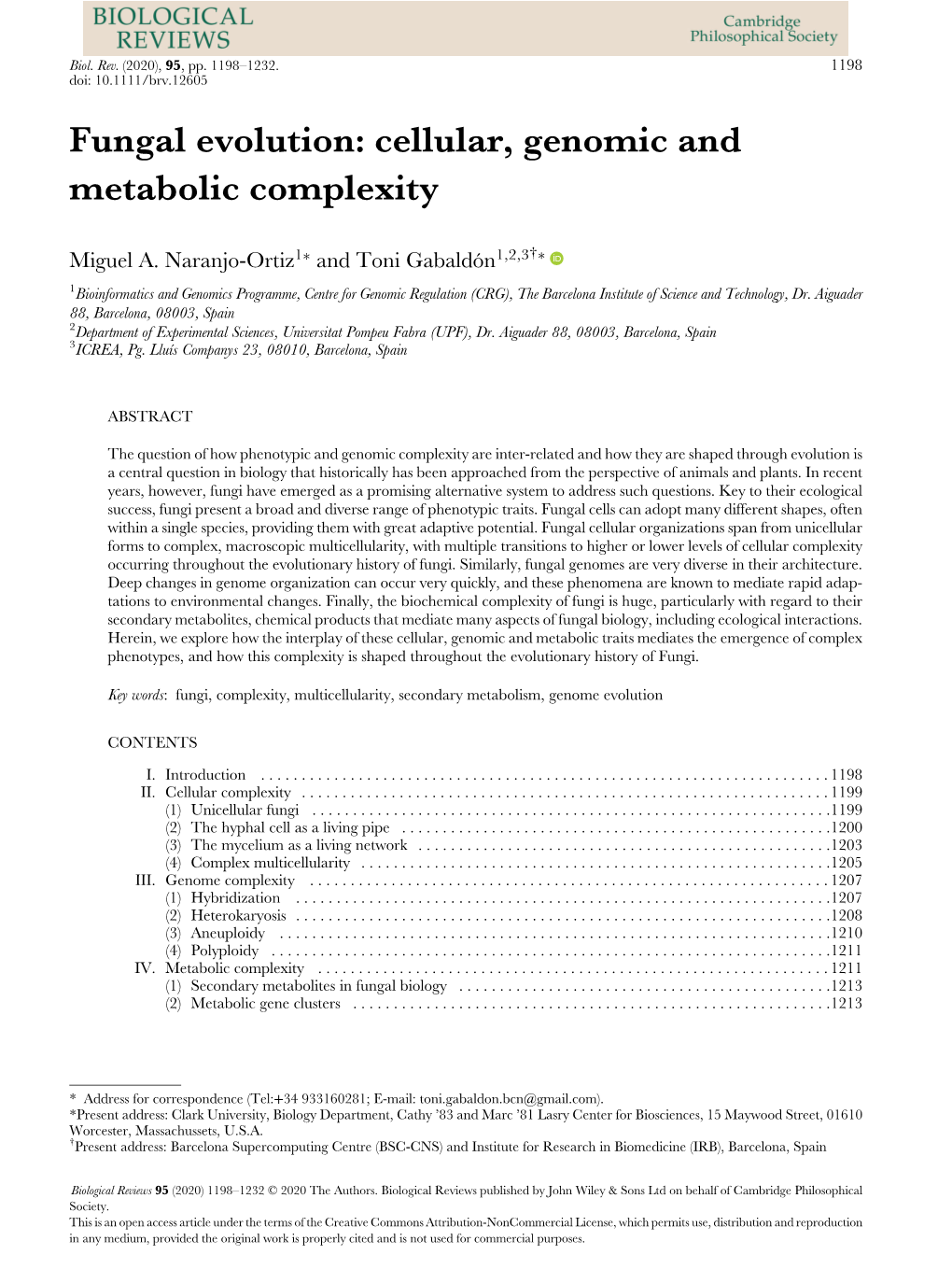 Fungal Evolution: Cellular, Genomic and Metabolic Complexity