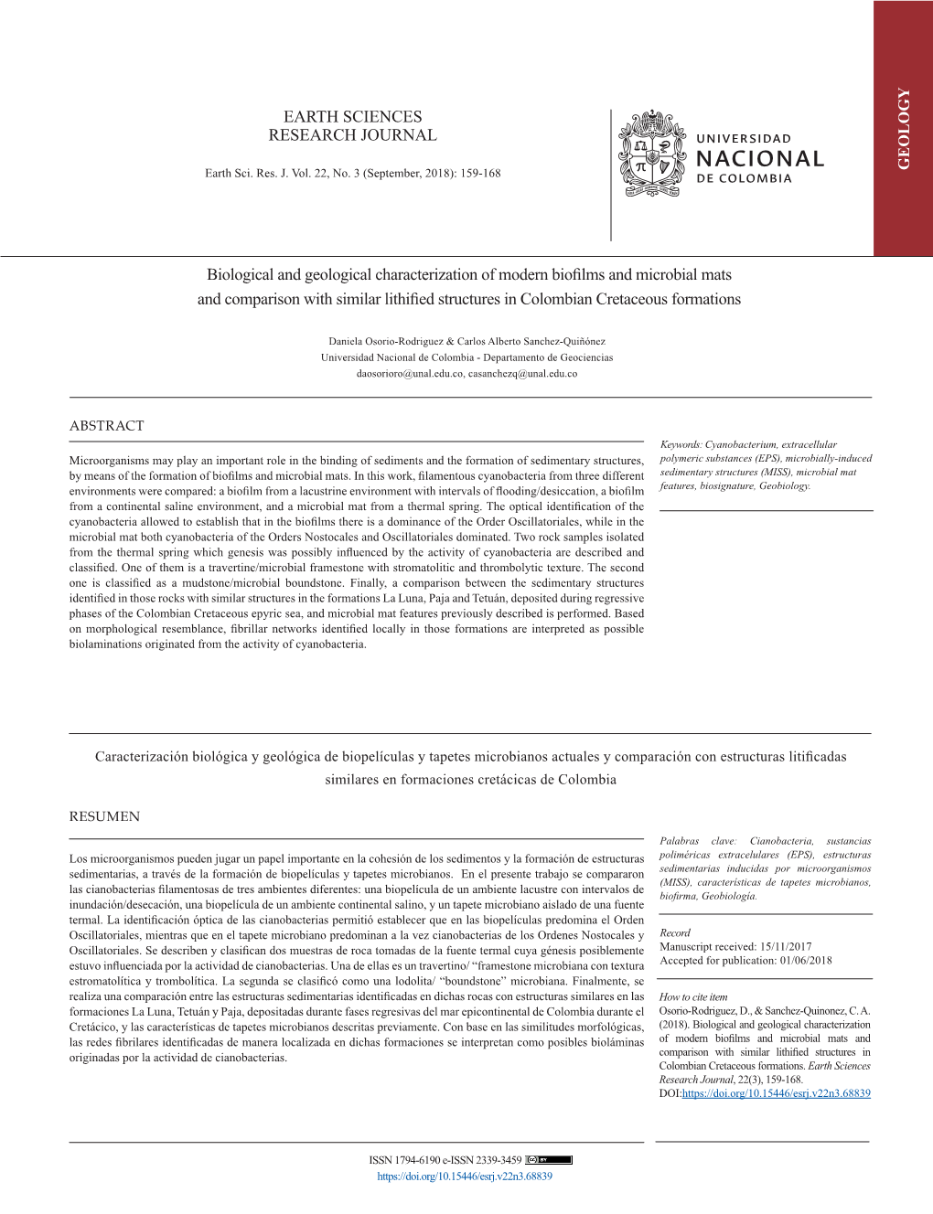 Biological and Geological Characterization of Modern Biofilms and Microbial Mats and Comparison with Similar Lithified Structures in Colombian Cretaceous Formations