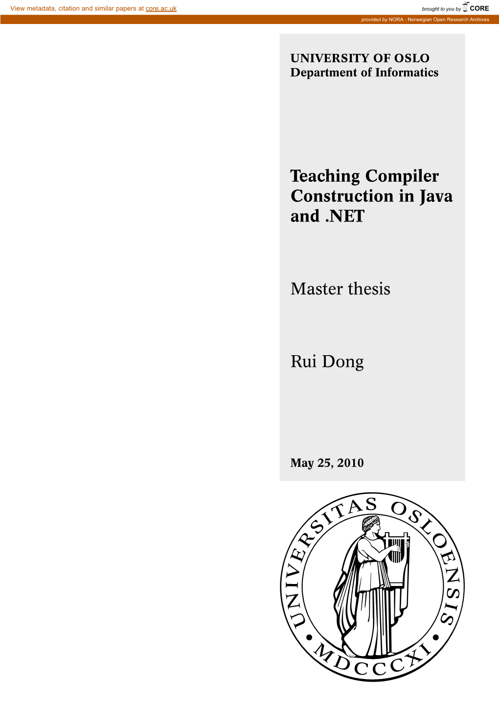 Teaching Compiler Construction in Java and .NET Master Thesis Rui