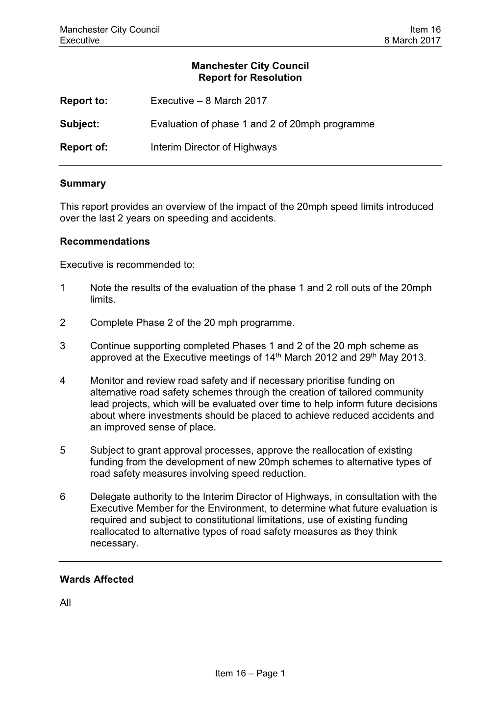 Update on 20Mph Speedlimits to Executive 8 March 2017