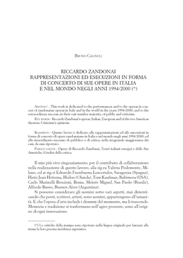 Riccardo Zandonai Rappresentazioni Ed Esecuzioni in Forma Di Concerto Di Sue Opere in Italia E Nel Mondo Negli Anni 1994/2000 (*)