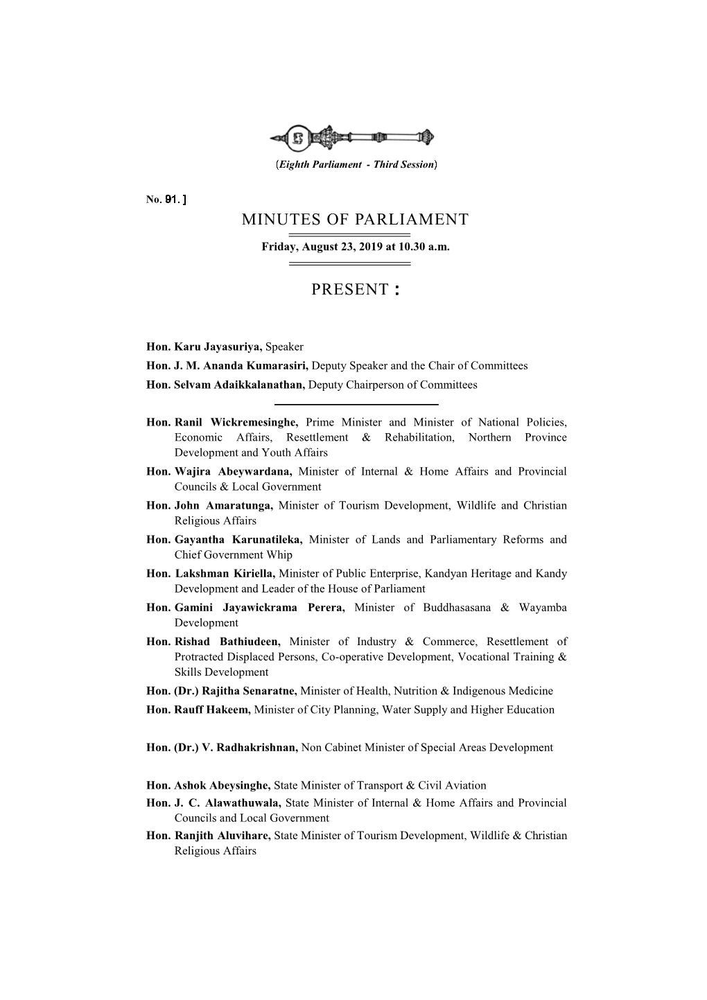 Minutes of Parliament for 23.08.2019