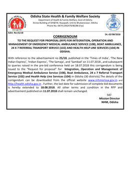Odisha State Health & Family Welfare Society CORRIGENDUM