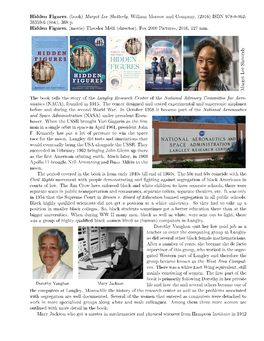 Hidden Figures, (Book) Margot Lee Shetterly, William Morrow and Company, (2016) ISBN 978-0-062- 36359-6 (Hbk), 368 P