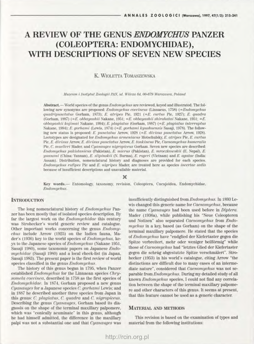 A Review of the Genus Endomychus Panzer (Coleoptera: Endomychidae