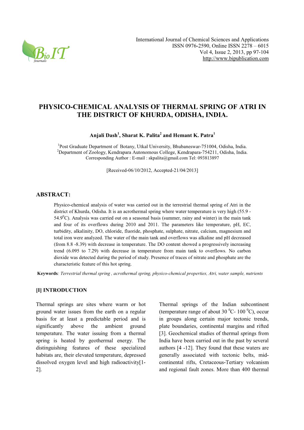 Physico-Chemical Analysis of Thermal Spring of Atri in the District of Khurda, Odisha, India