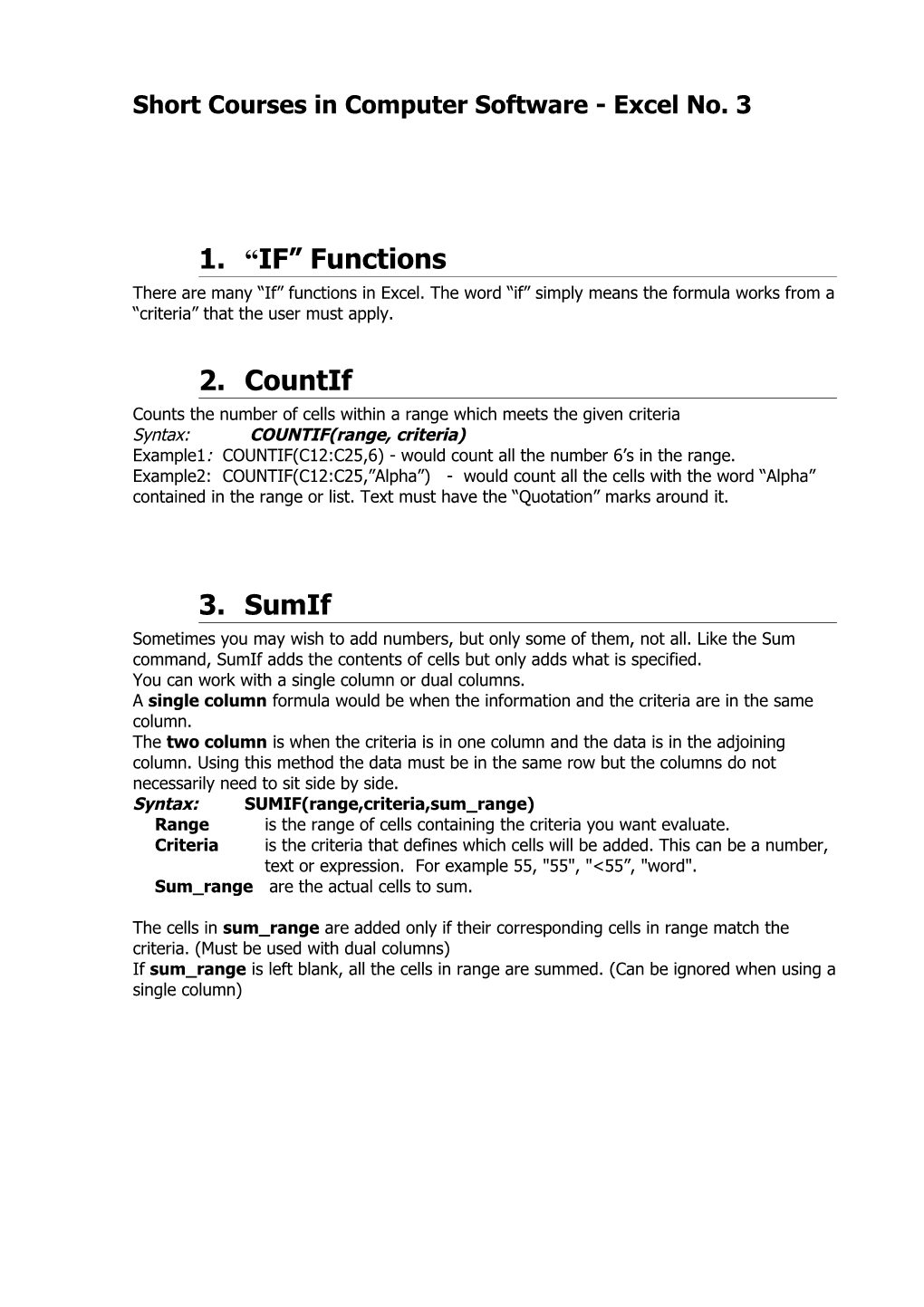 Short Courses in Computer Software - Excel No. 3