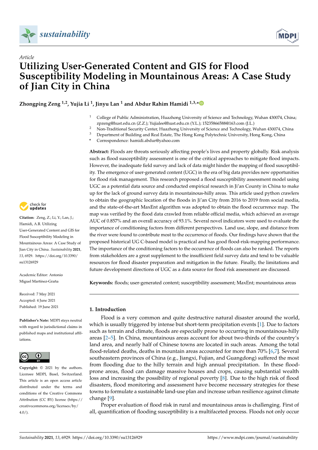 Utilizing User-Generated Content and GIS for Flood Susceptibility Modeling in Mountainous Areas: a Case Study of Jian City in China