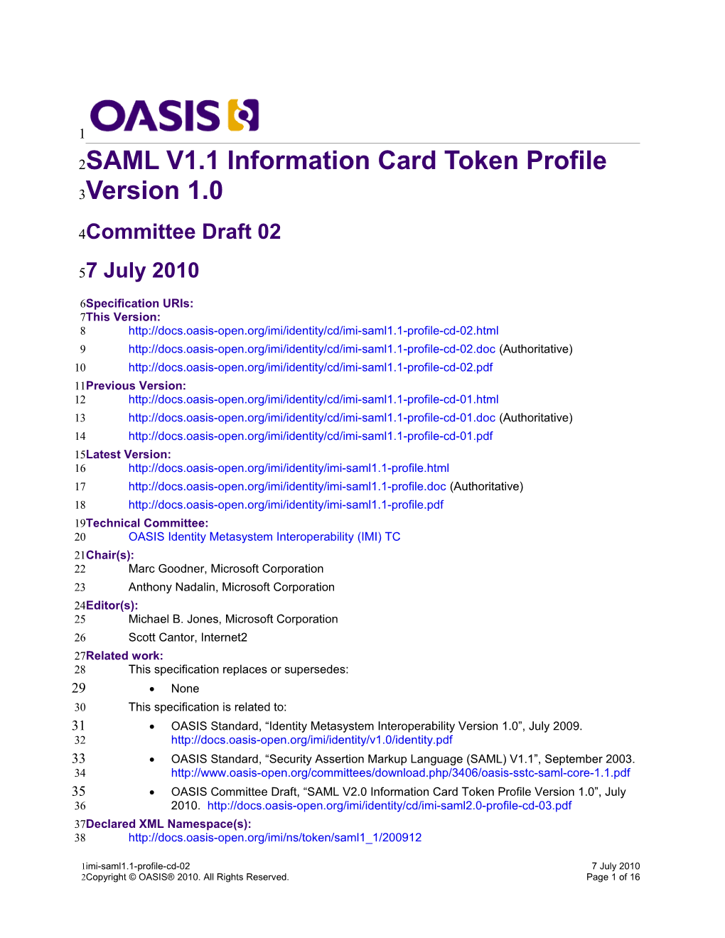 OASIS SAML V1.1 Information Card Token Profile Version 1.0