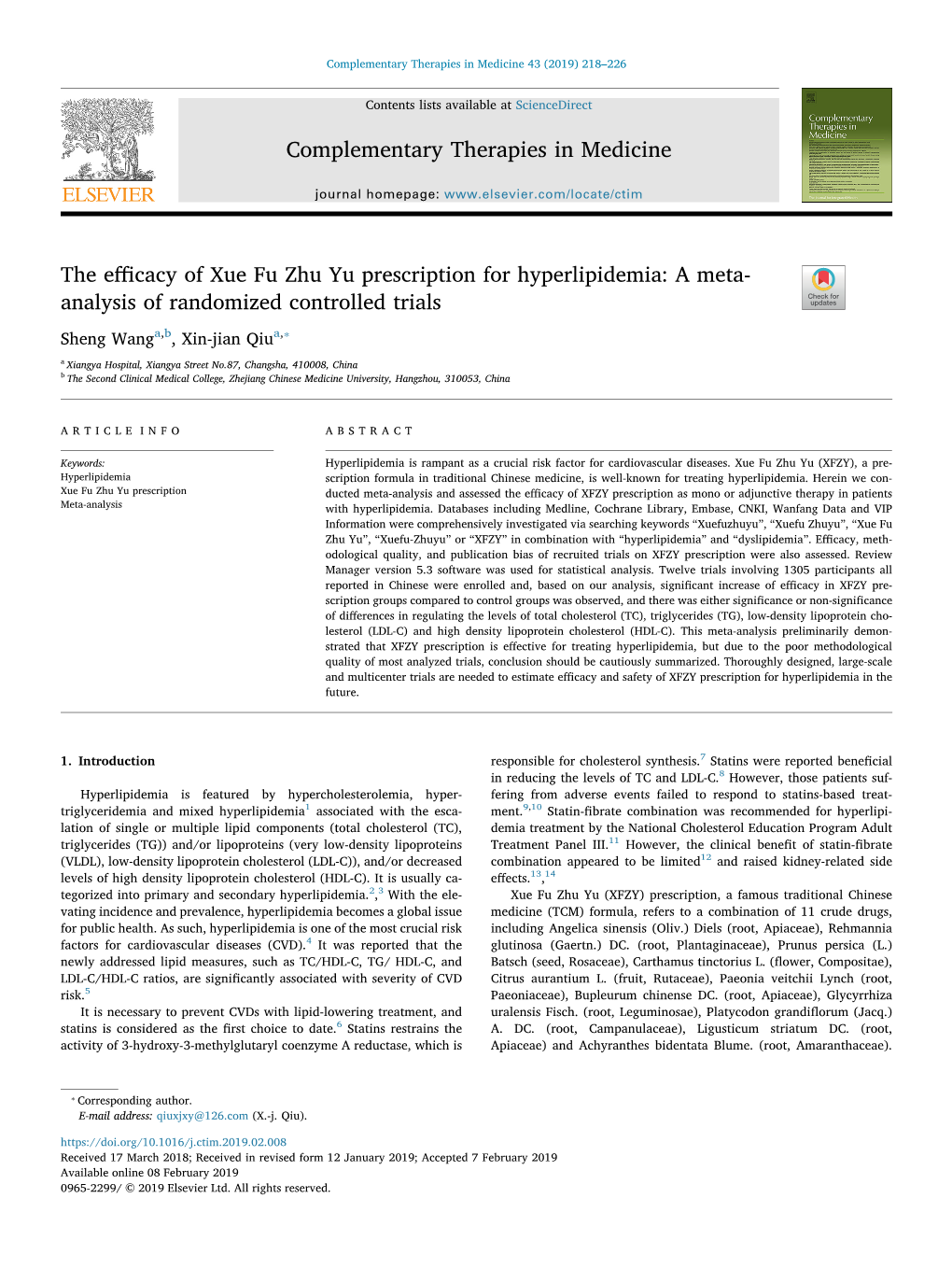 The Efficacy of Xue Fu Zhu Yu Prescription for Hyperlipidemia A