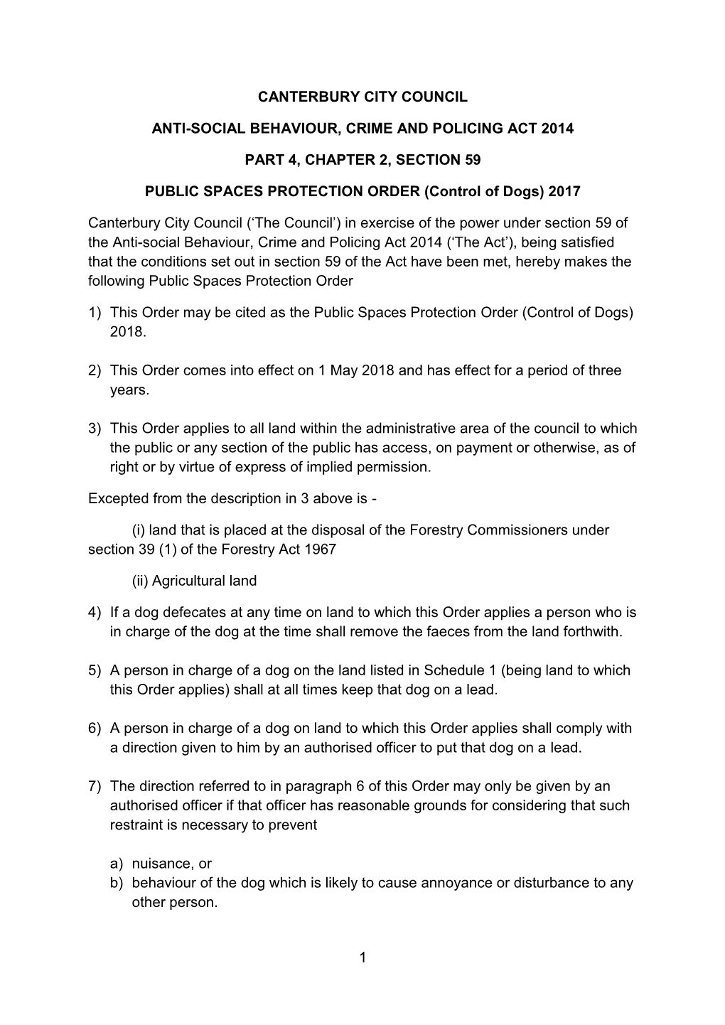 PUBLIC SPACES PROTECTION ORDER (Control of Dogs) 2017
