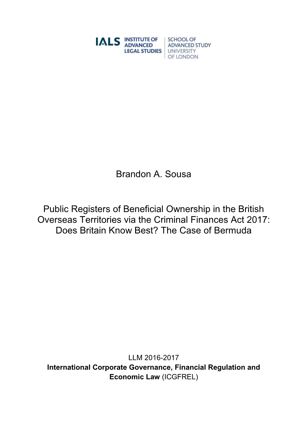 Brandon A. Sousa Public Registers of Beneficial Ownership in the British
