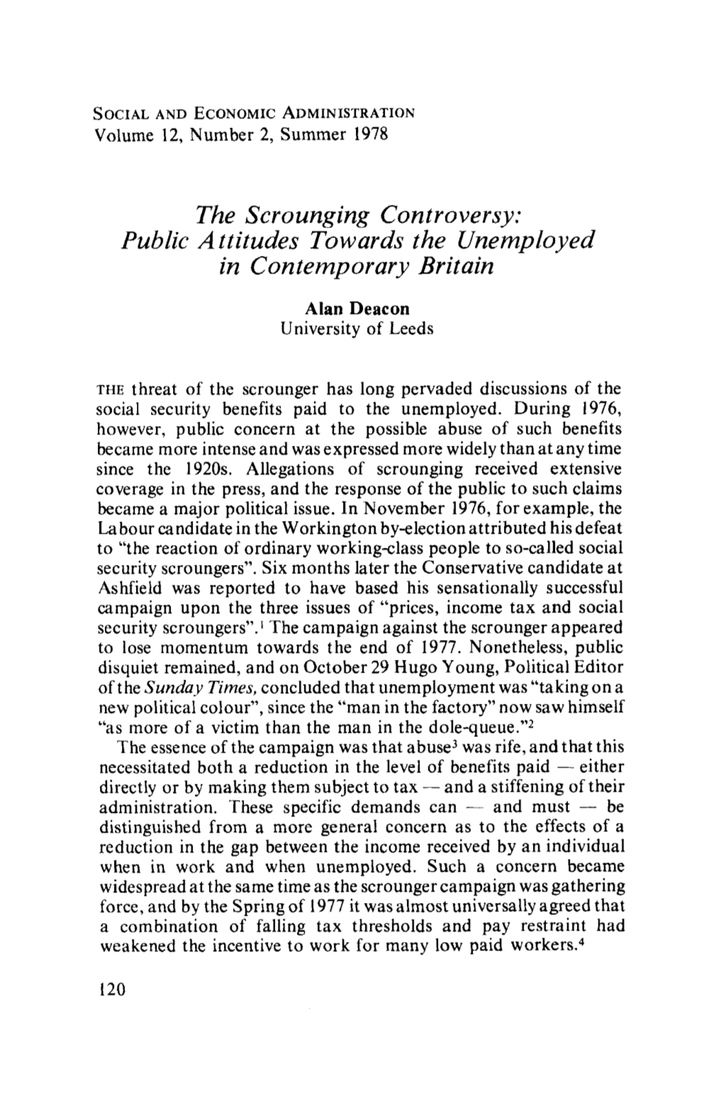 The Scrounging Controversy: Public Attitudes Towards the Unemployed in Contemporary Britain