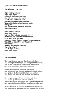 Lyrics to Tom Lehrer Songs Fight Fiercely Harvard the Elements
