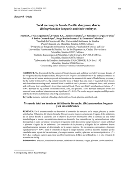 Total Mercury in Female Pacific Sharpnose Sharks Rhizoprionodon Longurio and Their Embryos