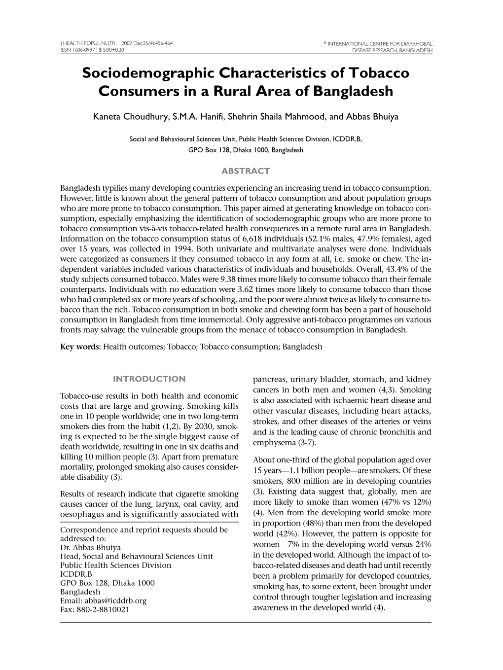 Sociodemographic Characteristics of Tobacco Consumers in a Rural Area of Bangladesh