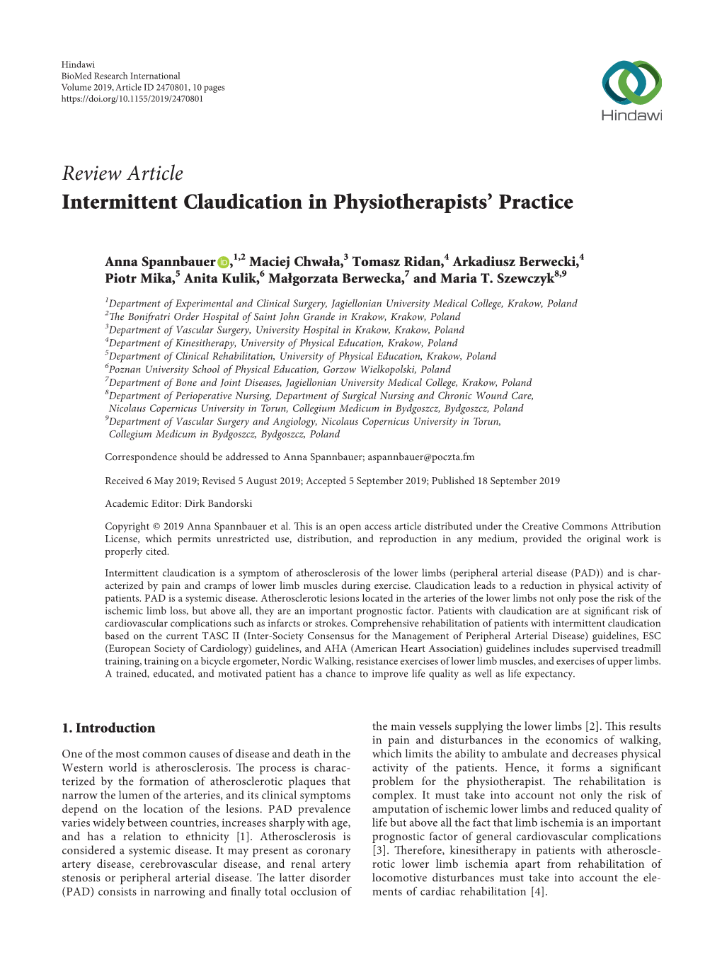 Review Article Intermittent Claudication in Physiotherapists' Practice