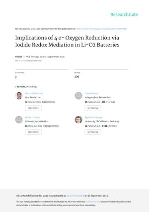Oxygen Reduction Via Iodide Redox Mediation in Li-O2 Batteries