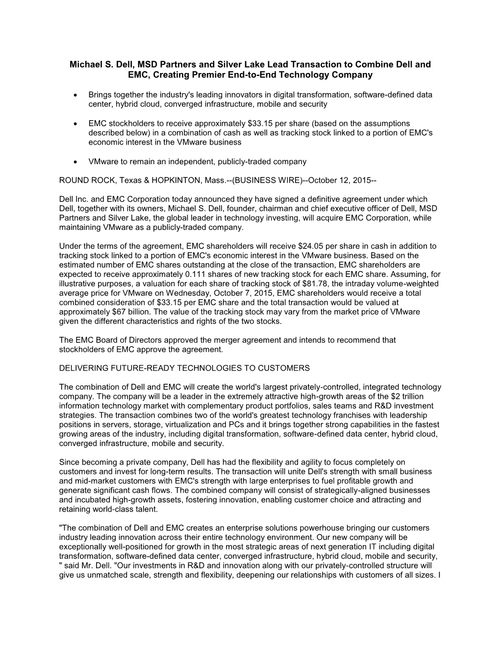 Michael S. Dell, MSD Partners and Silver Lake Lead Transaction to Combine Dell and EMC, Creating Premier End-To-End Technology Company