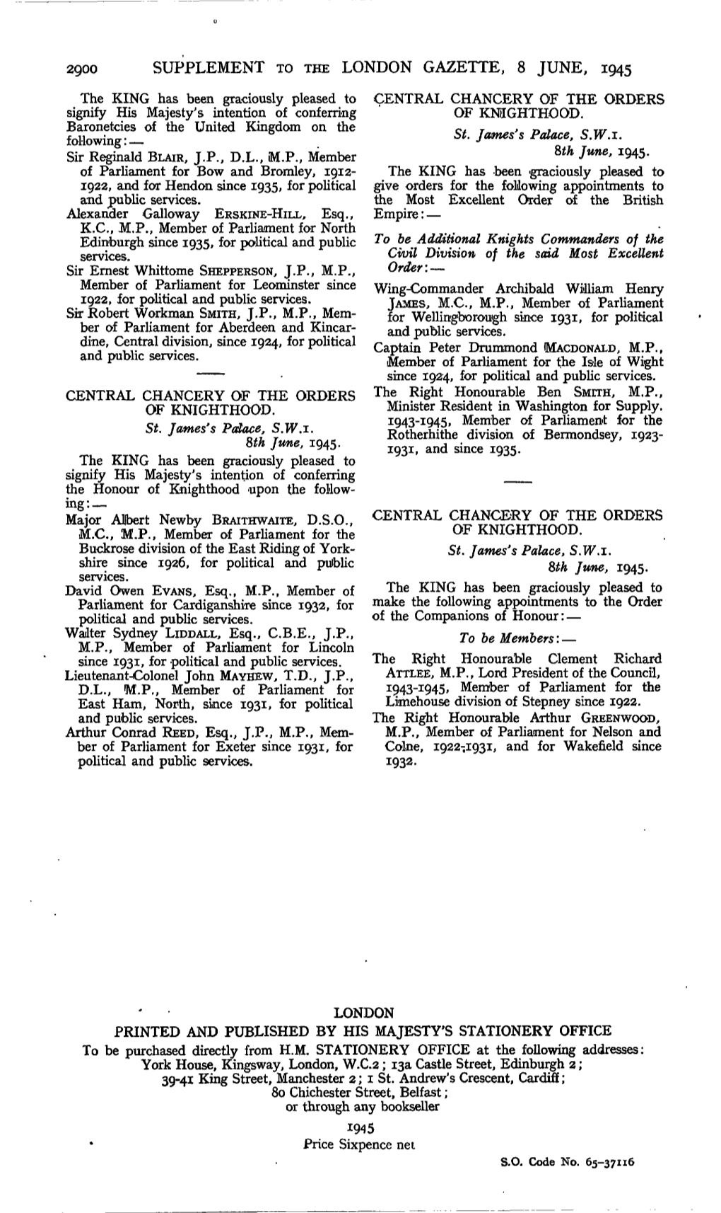Supplement to the London Gazette, 8 June, 1945