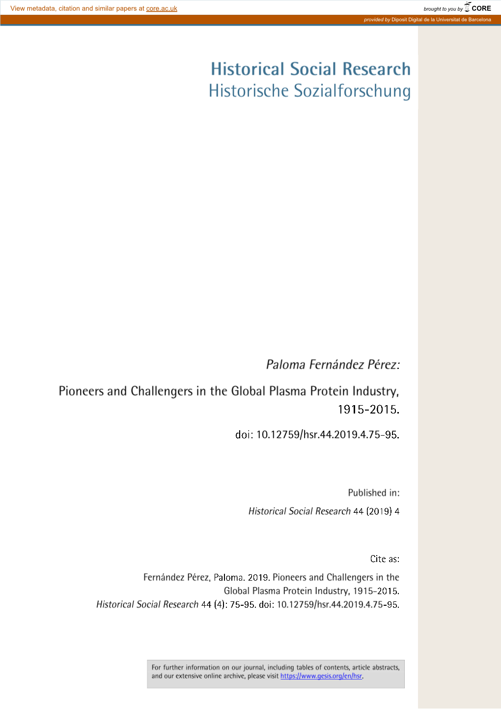 Pioneers and Challengers in the Global Plasma Proein Industry, 1915-2015