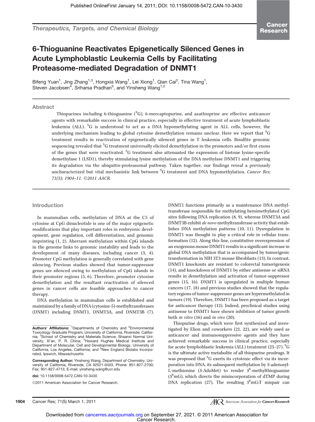 6-Thioguanine Reactivates Epigenetically Silenced Genes in Acute Lymphoblastic Leukemia Cells by Facilitating Proteasome-Mediated Degradation of DNMT1